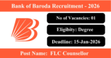 BOB Recruitment 2026 – Apply Offline for 1 FLC Counsellor Post