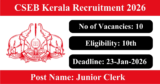 CSEB Kerala Recruitment 2026 – Apply Online for 10 Junior Clerk Posts