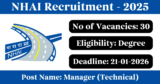NHAI Recruitment 2026 – Apply Online/Offline for 30 Manager (Technical) Posts