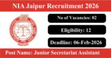 NIA Jaipur Recruitment 2026 – Apply Online for 2 Junior Secretariat Assistant Posts