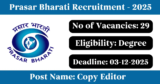 Prasar Bharati Recruitment 2025 – Apply Online for 29 Copy Editor Posts